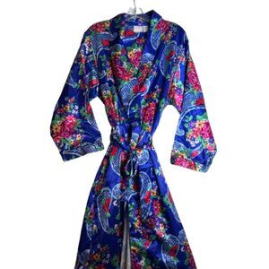 Vintage 90s Adonna Satin Robe Floral Blue Red Romantic Belt #2765